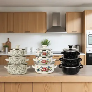 3pcs Enamel Mini Soup Pot Set, Flower Pattern Stockpot, Stackable Cookware, Traditional Kitchen Storage Bowls, Outdoor Cooking Utensils, Gas & Electric Stove Compatible, Microwave Safe, Gift Idea