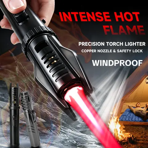 Portable Windproof Torch Lighter (No Butane )with Adjustable High-Temperature Jet Flame, Safety Lock, Cooling Air Intake & Precision Flame Control for Outdoor Cooking, Camping, BBQ, Fireplace & DIY Projects