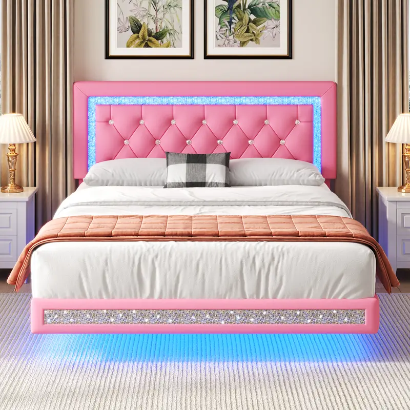 TryLazy Modern Floating Bed Frame with LED Lights, Upholstered Platform Bed Diamond Tufted Headboard, No Box Spring Needed, Noise Free, Easy Assembly