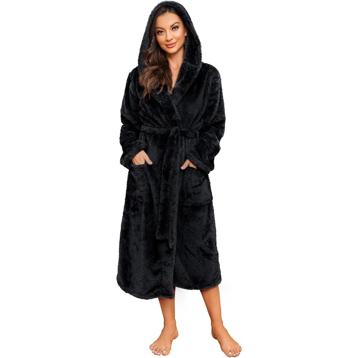 Hooded Thick Warm Plush Fleece Robe, Long Comfy House Coat