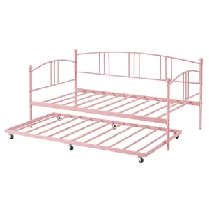 【Christmas Gift】Daybed with Trundle  Trundle Bed Twin with Arched Headboard  Sturdy Metal Day Bed with Steel Slat Support  SofaBed for Bedroom Living Room  and Guest Room Pink