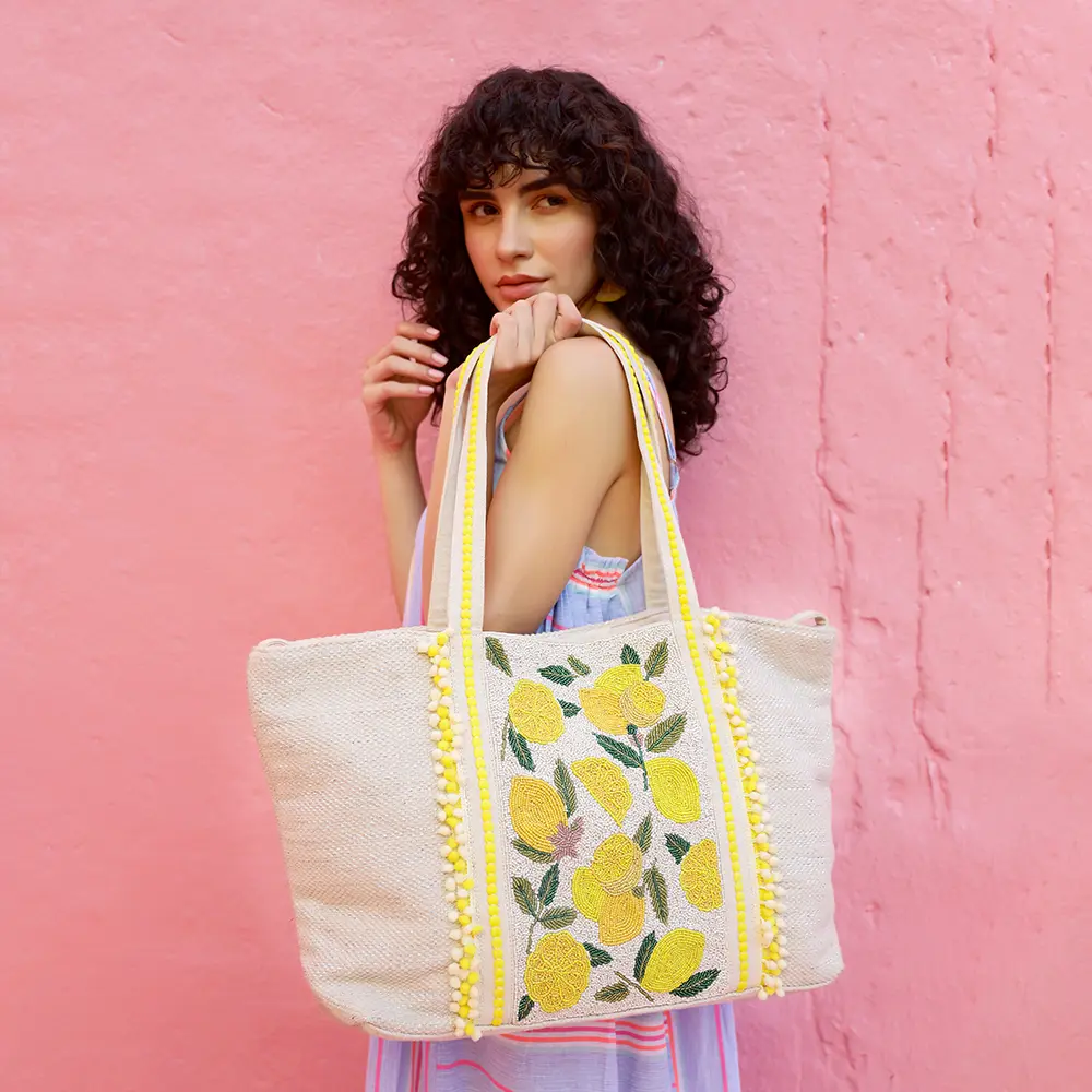 Make Lemonade Tote - Lemon Yellow Hand Beaded Tote Bag with Pompom Details & Magnetic Closure | Big Bags for Women | 24" x 13" x 6"