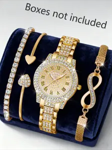 5pcs Gorgeous And Elegant Women's Quartz Watches, Multi-Piece Women's Light Luxury Full Rhinestone Gold Tone Jewelry Watch Set, Featuring A Gold Metal Strap Paired With Rhinestone Stud Earrings, Rings, And Necklace, Matching Jewelry Set