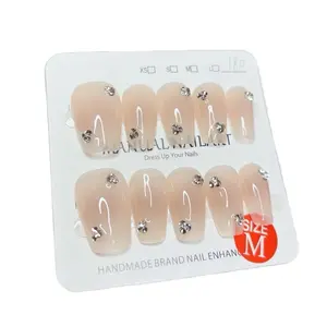 False Nails Press ons Medium Length Coffin Ombré Pink Color with Simple Rhinestones Design 037