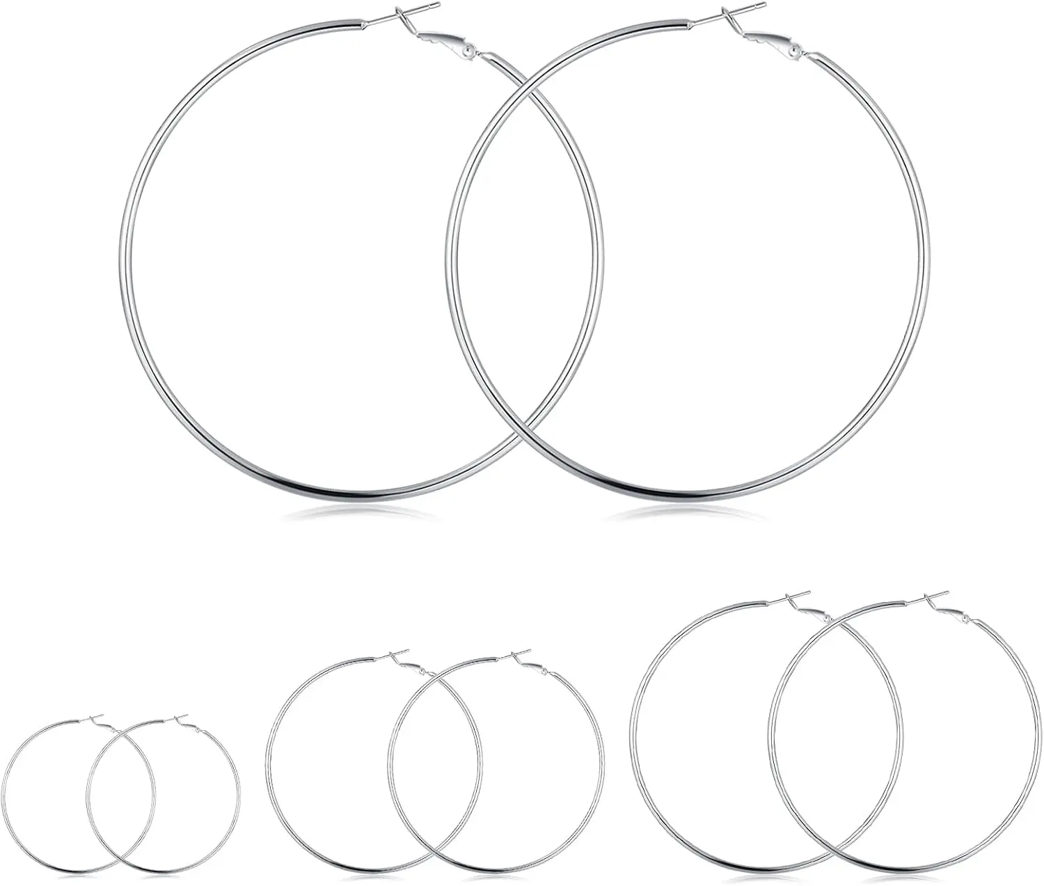 A-4 pairs silver hoop earrings 40/50/60/70mm