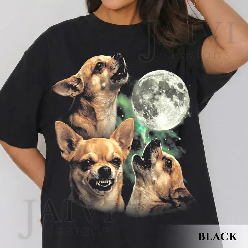 Three Chihuahua Howling Moon Comfort Colors Shirt, Vintage 90s Retro Dog Graphic Tee, Funny Pet Meme, Chihuahua Lover Gift Night Art