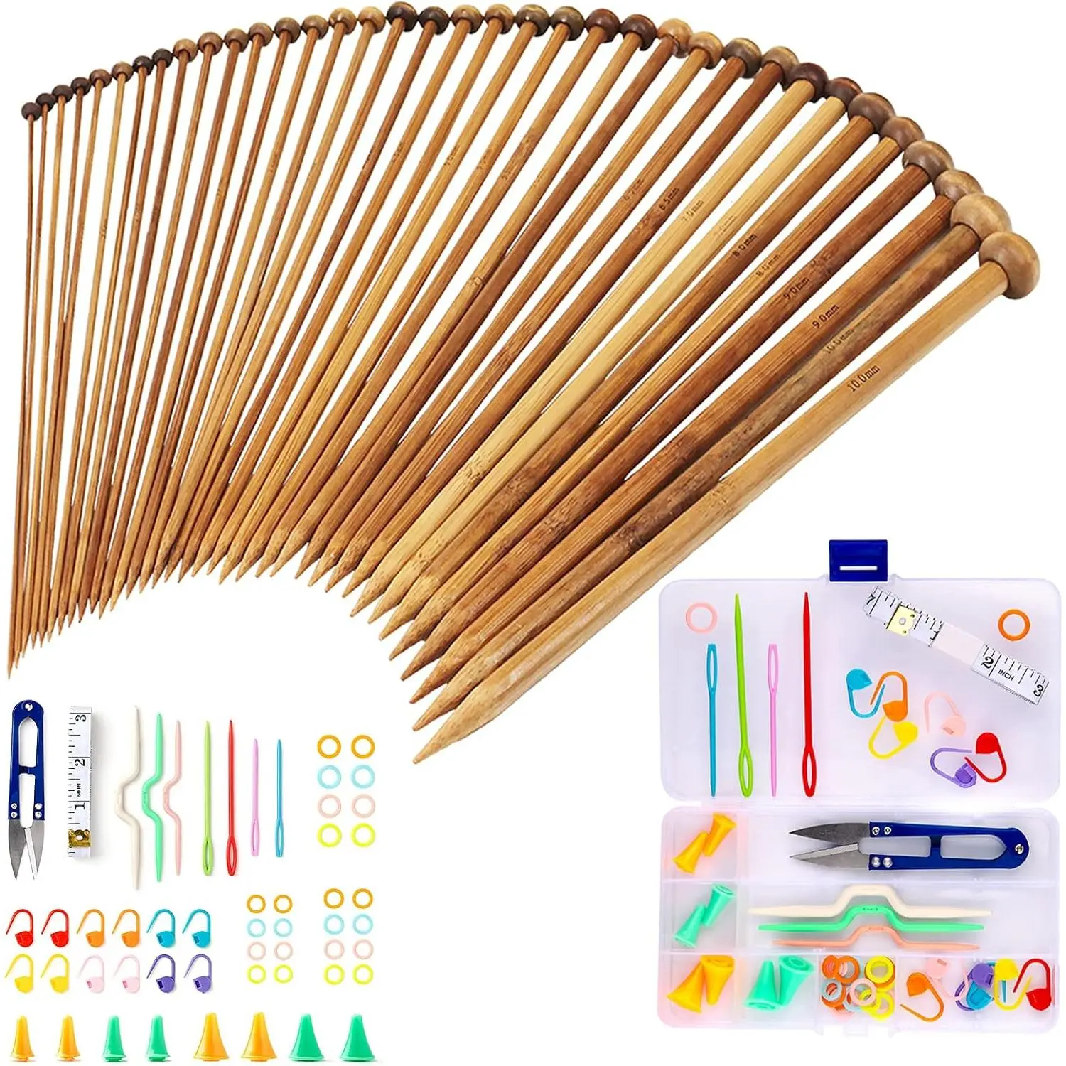 Knitting  Set-36pcs Single Pointed Wooden Knitting , 9 Inches Length Knitting Supplies for Beginners (18 Sizes: 2.0 mm-10.0 mm) + Weaving Tools Knitting Kits