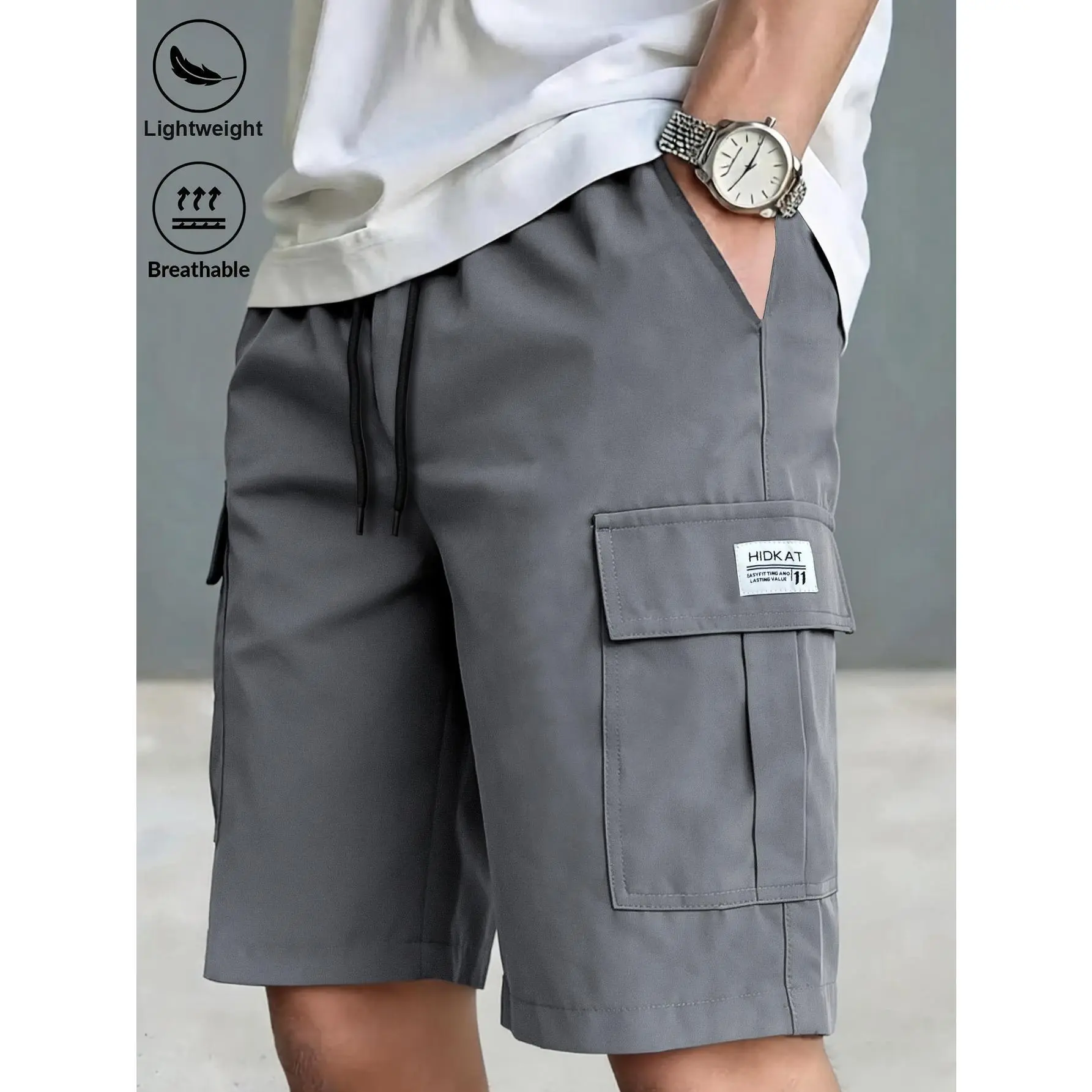 Men's Lightweight Breathable Drawstring Workwear Shorts, Large Side Pockets, Loose 5 Inch Casual Pants, Trendy Label Design, Multi Color Choice, Summer Daily Beach Sports Work Shorts
