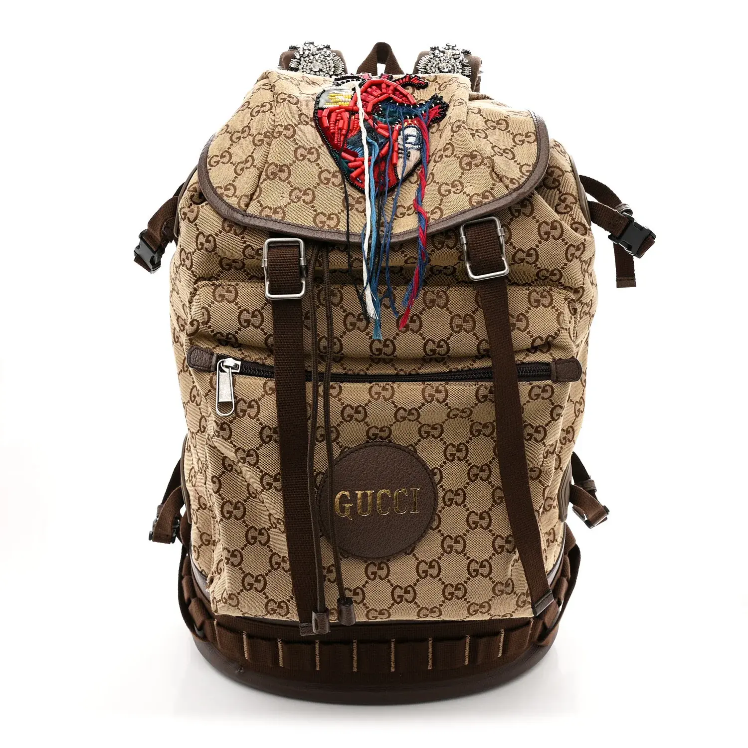 Pre-owned GUCCI Leather Backpacks Monogram Script Logo Large Double Pocket Backpack Beige Ebony Multicolor