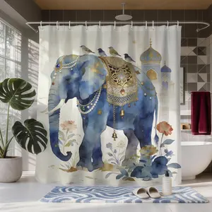 Mystical Blue Elephant Shower Curtain, Exotic Flowers, Jewelry, Middle Eastern Aesthetic Bathroom Decor, Waterproof, Includes 12 Hooks