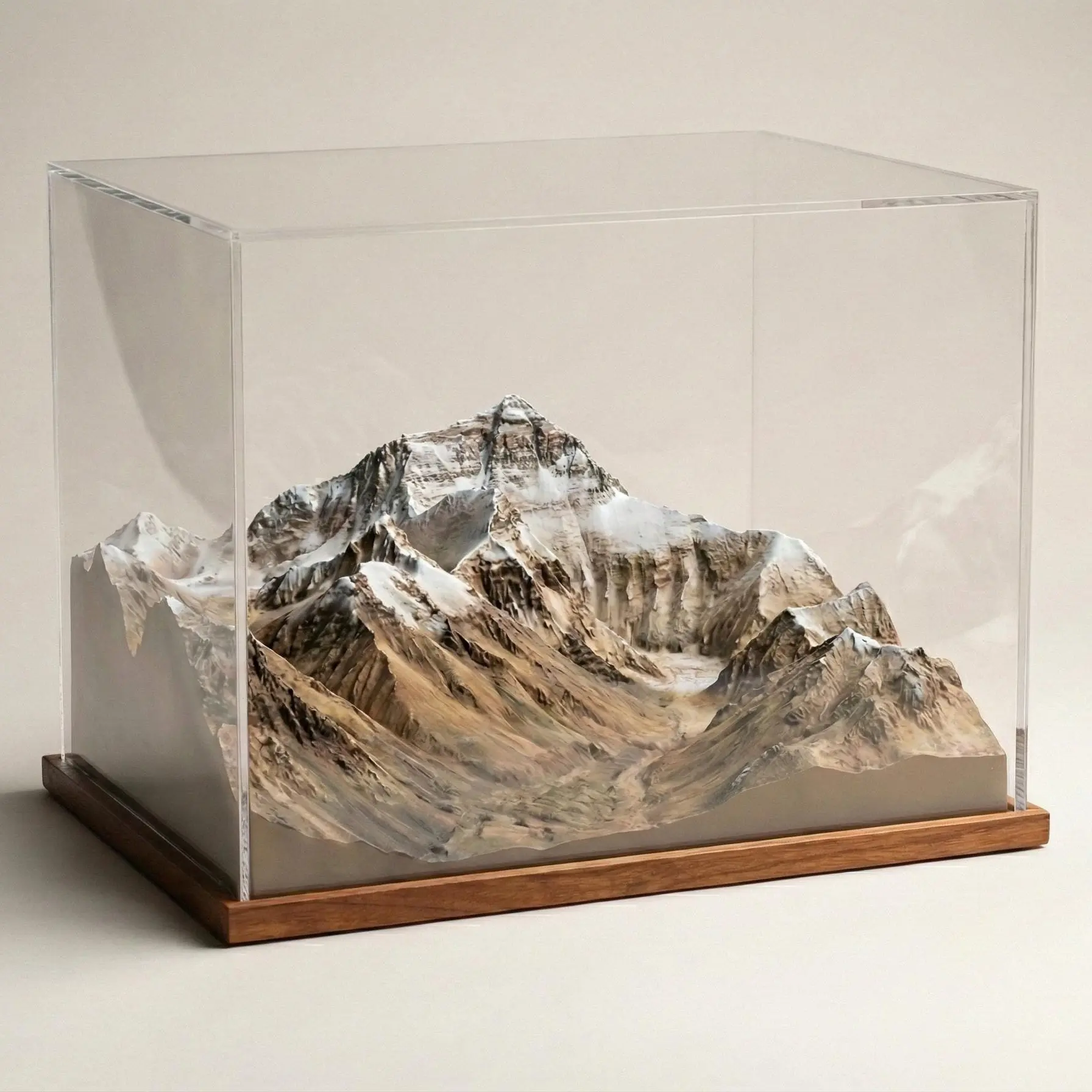 Mount Everest Relief Diorama, Handcrafted Explorer Style Art Piece (Acrylic Case - Wooden Base)
