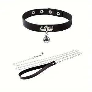 Adjustable Faux Leather Bell Choker Necklace For Women, Punk Gothic Style Dark Party Accessory