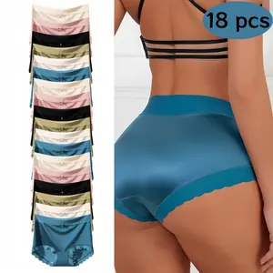 QQ 18-Piece Women's Mid-Waist Panties Ice Silk Seamless Pilling-Resistant 6 Colors Navy Blue Black Beige Light Pink White Gray Daily Comfortable Elegant Stylish Underwear Soft Material Sexy Design Smooth Fabric Must-Have for Women Fit Elegance Womenswear