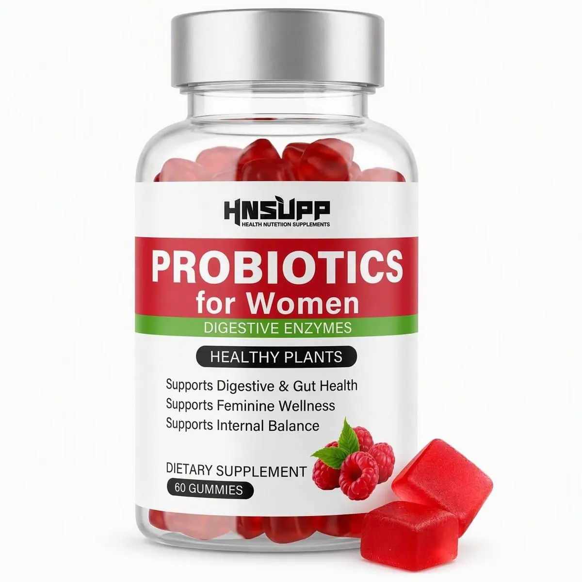 Vegan Gelatin-Free Women Probiotic Chewable Gummies with XOS FOS Prebiotics & 5 Digestive Enzymes, Non-GMO Gluten-Free Healthcare Supplement, Balance Gut Microbiome & Support Ladies Internal Health