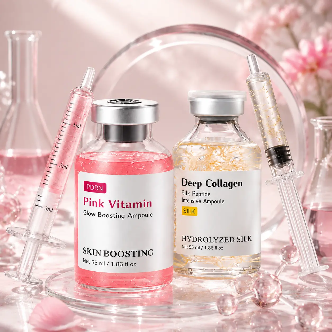 PDRN Pink Vitamin Brightening Ampoule & Deep Collagen Peptide Intensive Ampoule 55 mL | Hydrating facial serum set that enhances skin radiance, improves skin texture and feel, supports elasticity, and creates smooth skin—ideal for everyday skincare.