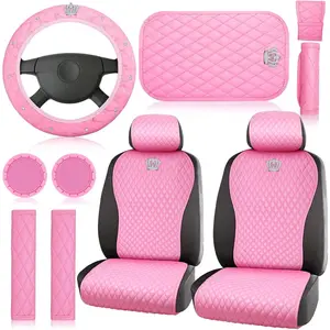 14 Pcs Pink Car Accessories Set Leather Diamond Seat Cover Steering Wheel Cover with Center Console Pad Cup Holders Gear Protection for Women Car Interior Decor(Front Set)