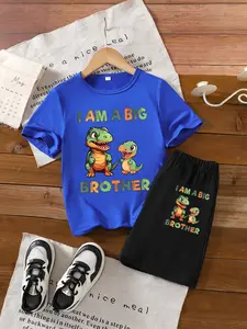 Boys Summer Short Sleeve Dinosaur Brothers I Am a Big Brother Print Big Brother Theme T-Shirt Shorts Set, Casual Fitted Clothing, Ages 3-12
