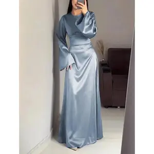 Elegant Solid Color Bell Sleeve Tie-Back Middle Eastern Style Long Modest Dress