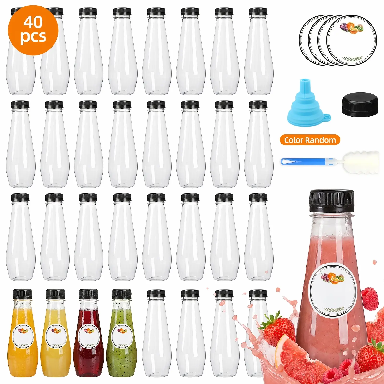 40pcs/80pcs 12Oz Plastic Juice Bottles Aesthetic Lightweight Slim, Reusable Bulk Beverage Containers Bottles with Leakproof Screw Caps, Picnic Supplies, for Milk Tea, Juicing, Smoothies, Drinking, Fridge, Party. Funnel & Brush (Color Random)