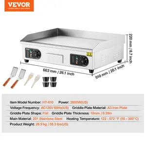 VEVOR Commercial Electric Griddle, 2800W Countertop Flat Top Grill, 122-572 Adjustable Temp, 25.98x15.75x0.39in Stainless Steel Griddle Grill with 2 Shovels, 2 Brushes, for Home Restaurant(No Plug)