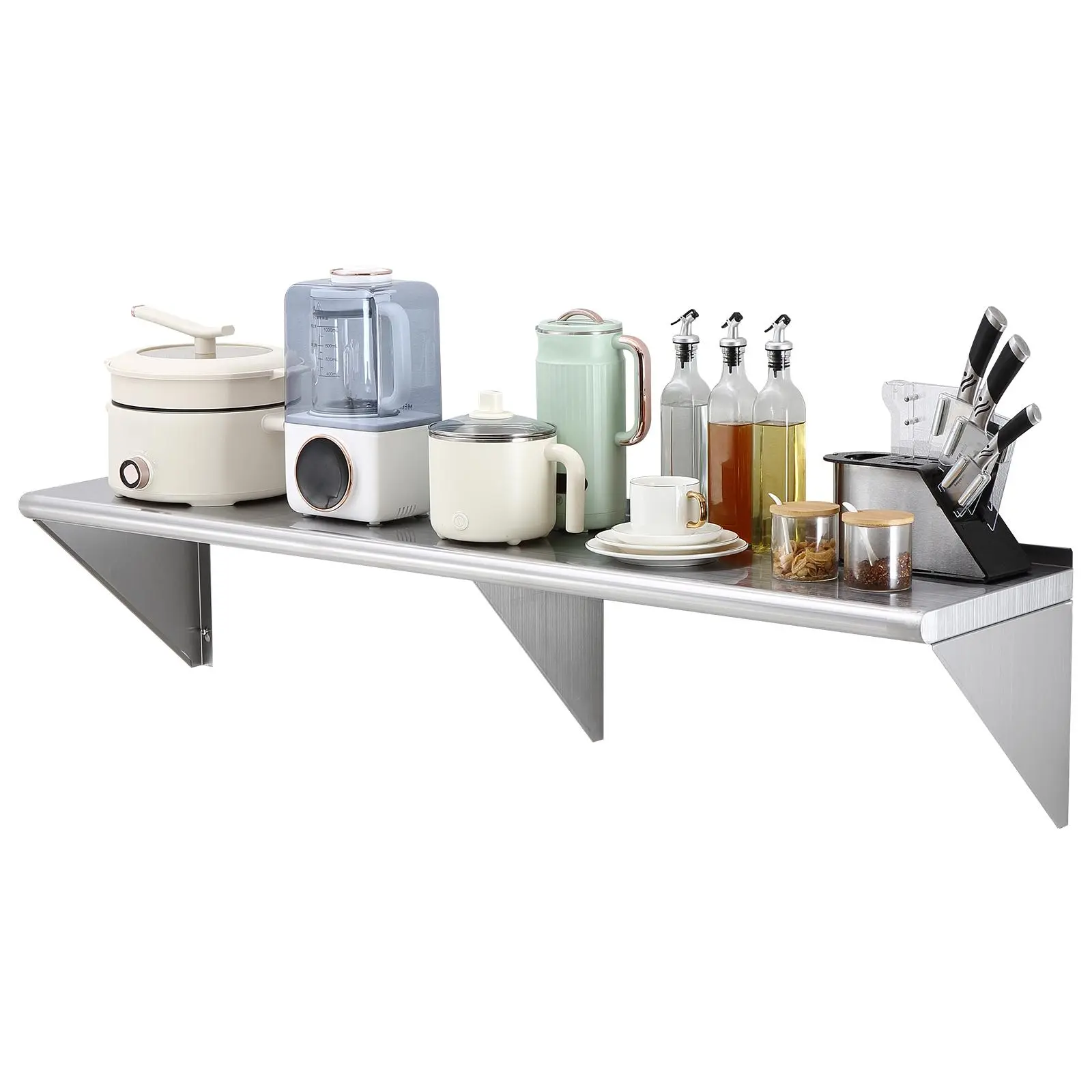 【DealsForYouDays】VEVOR 14"x60" Stainless Steel Floating Shelf with Mounting Brackets, 400 lbs Heavy-Duty Wall-Mount Storage Rack, Durable Metal Utility Rack for Kitchen Organization, Home Use