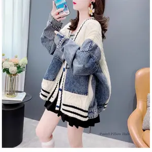 Women's Spring and Autumn Loose Lazy Style Denim Patchwork Cable Knit Jacket, Soft and Breathable Medium Size Sweater Jacket Suitable for Casual Outings