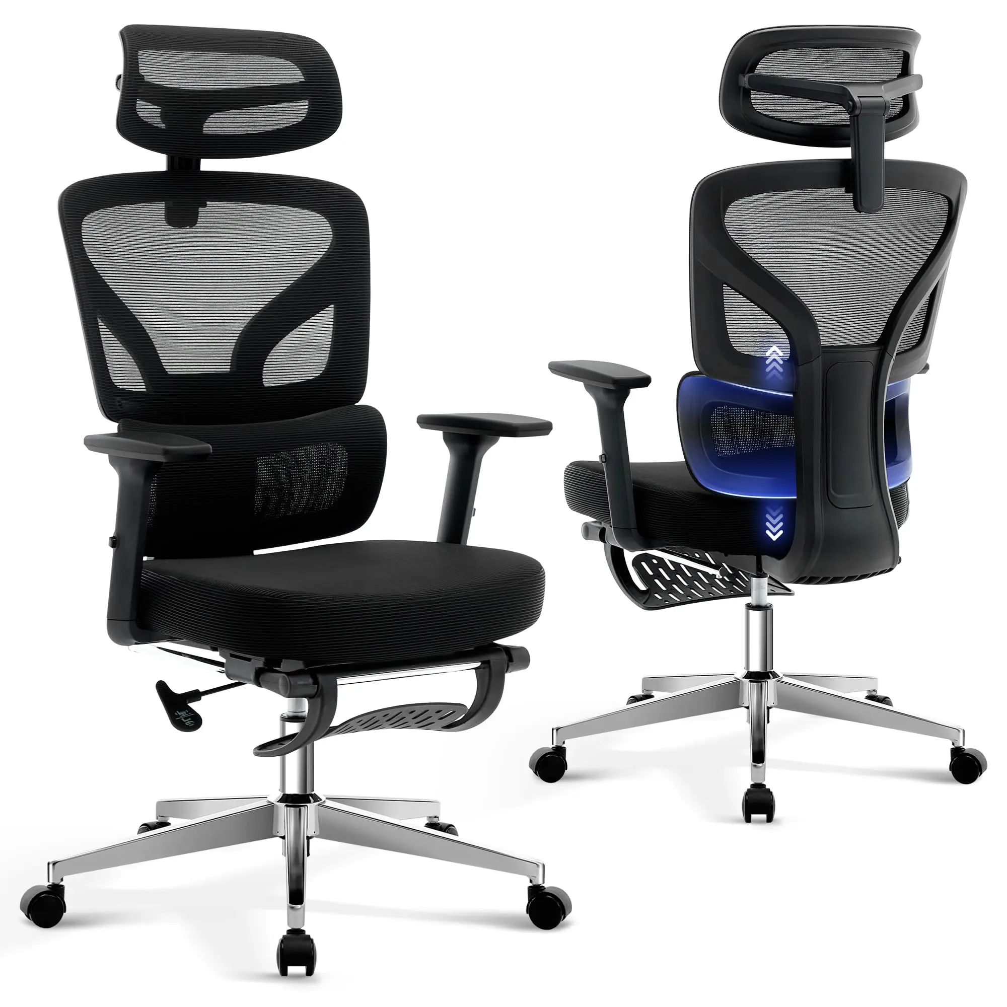 Garvee Large Contemporary Ergonomic Reclining Breathable Mesh Office Chair - 3D Headrest, Adjustable Footrest, Lumbar Support, High Backrest, Metal Frame, Mesh Task Chair for WFH Setup, Low Back Pain Relief, Reclining Office Chair, Breathable Office Chair