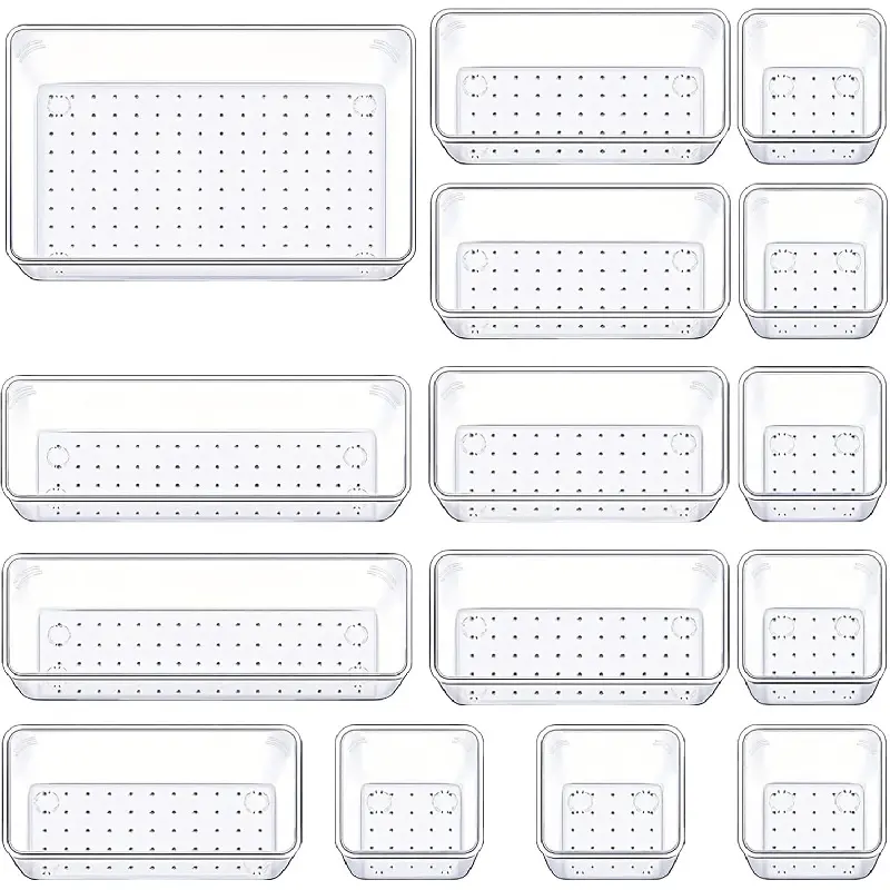 Drawer Organizers Set of 15, 4 Sizes Clear Plastic Drawer Organizers and Storage Bins for Kitchen, Bathroom, Office, Dresser Desk Drawer Organizer Tray for Jewelry, Makeup, Junk, Gadgets