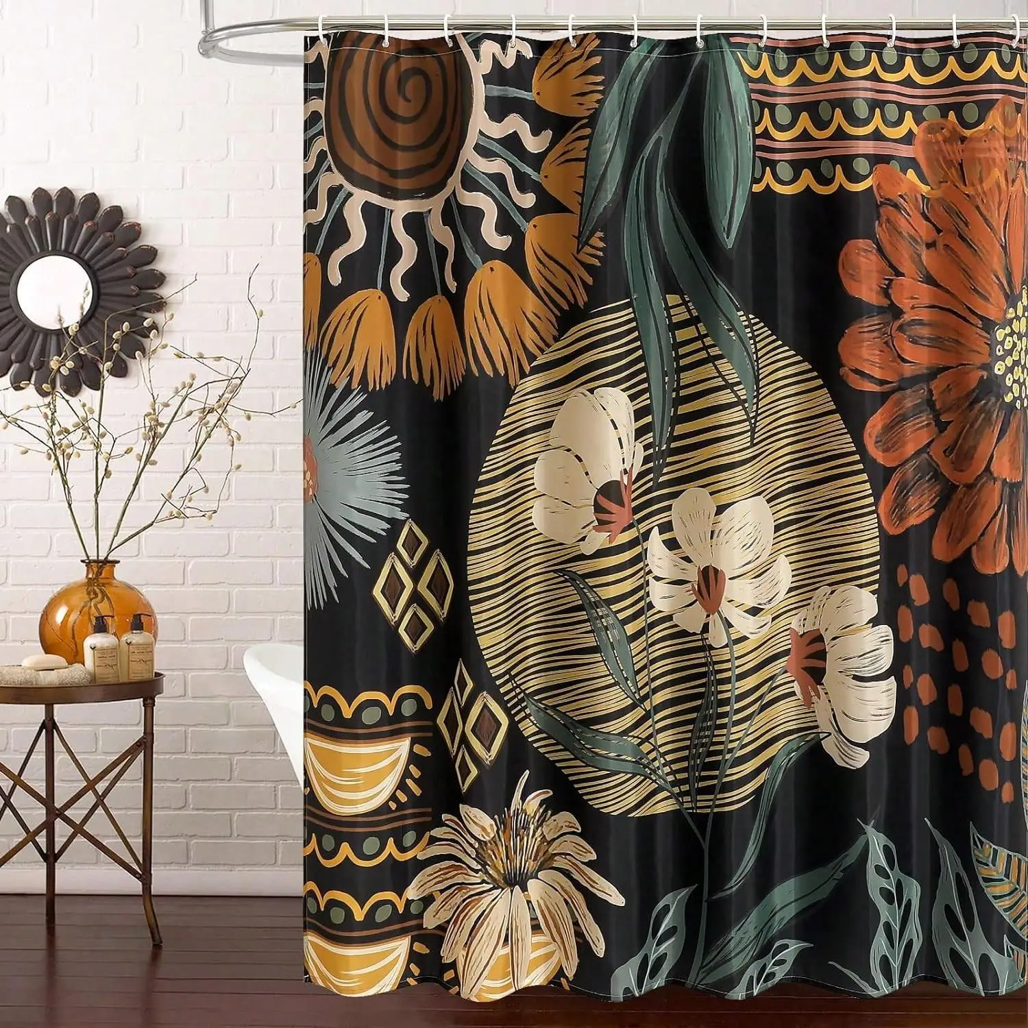Tropical Plant Pattern Shower Curtain Decoration, Waterproof Flower Pattern Shower Partition Curtain, Bathroom Decor Curtain, Bathroom Accessories, Ba