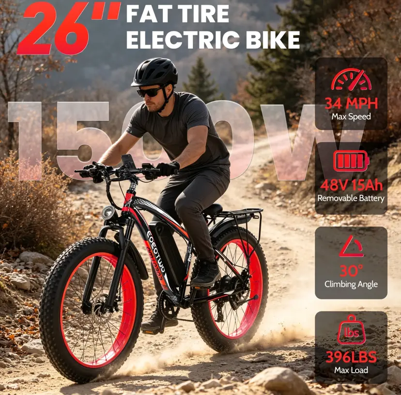 26" Fat Tire Electric Bike for Adults, 1500W Peak, 34MPH Off-Road Mountain
