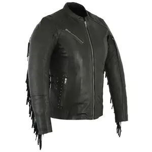 DANIEL SMART Soft Rebellion™ Women's Leather Motorcycle Jacket - Fitted Long Sleeve Rock Style with Fringe Detailing, Rivet Accents, Mesh Panel, Pocket & Zipper Closure - All-Season Womenswear Coat