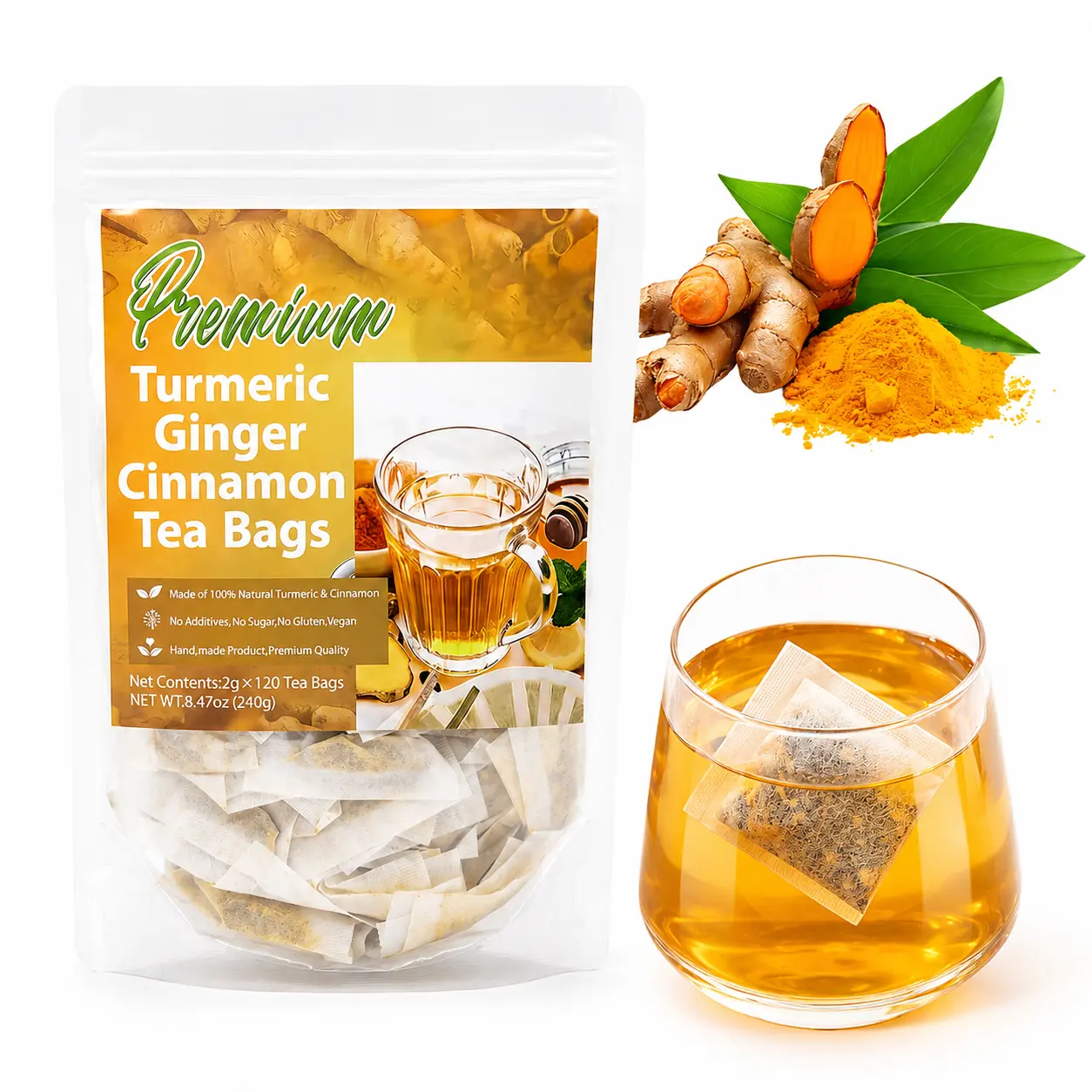 Turmeric Ginger Cinnamon Herbal Tea Bags - 100% Natural Eco-Friendly Drink, Sugar-Caffeine-Gluten Free, Vegan Digestive Health Remedy for Healthy Individuals, DealsForYouDays