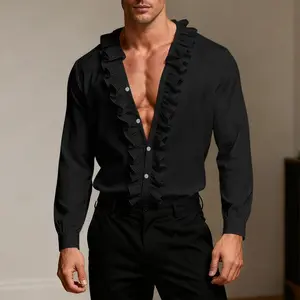 INCERUN Men's Vampire Ruffle Plunge Shirt Western Goth Androgynous Clubwear Fit