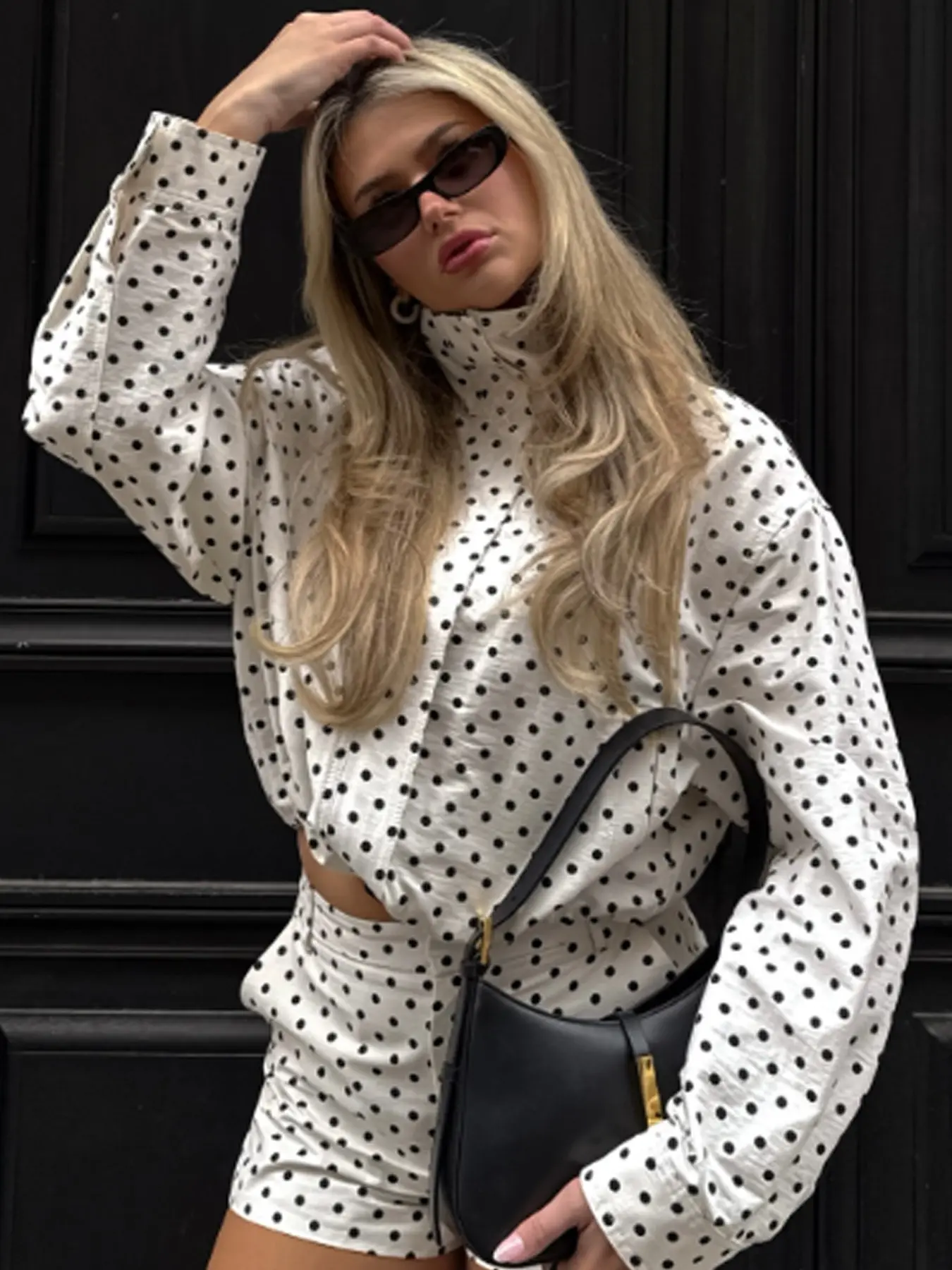 Women's Black & White Polka Dot Jacket Spring Y2K Retro Preppy Cropped Oversized Baggy Jacket High Neck Long Sleeve Outerwears Tops Adjustable Drawstring Hem Jackets Casual Great For OOTD Reels & Weekend Getaways Jacket