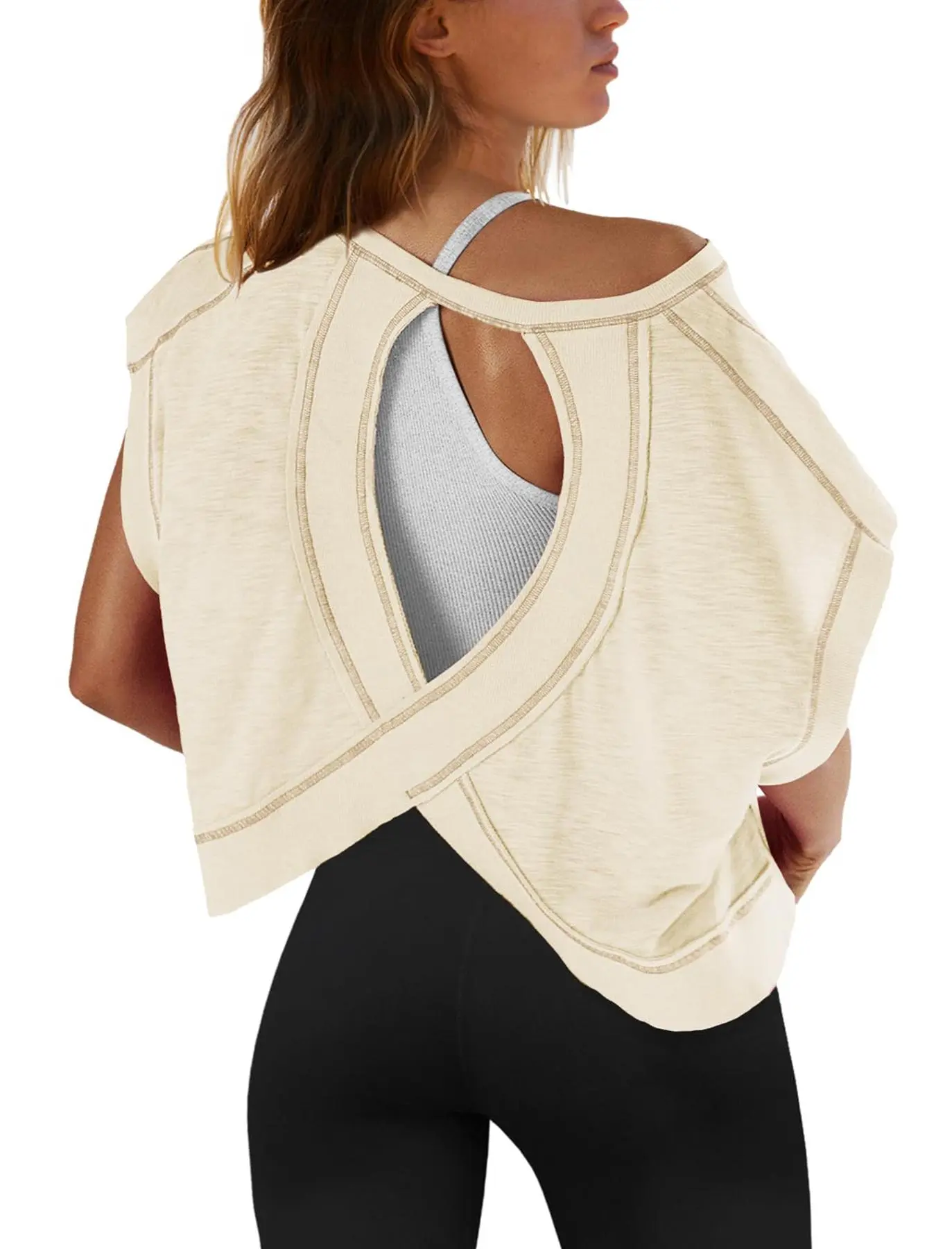 Women's Solid Backless Athleisure Tee, Casual Sporty Fitted Short Sleeve T-shirt for Daily Outdoor Wear, Ladies Clothes for All Seasons, Hollow Back Activewear, Athletic Top, Casual Sports Top