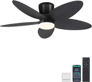 Kviflon Ceiling fans/fan lamp Noise-free 42 Inches Low Profile Ceiling Fan with Light  Palm Leaf Palm Leaf Ceiling Fans  and Remote/APP Control,Flush Mount Low Profile Black Ceiling Fans for Bedroom,Indoor/Outdoor Patio Use | 6669-Black
