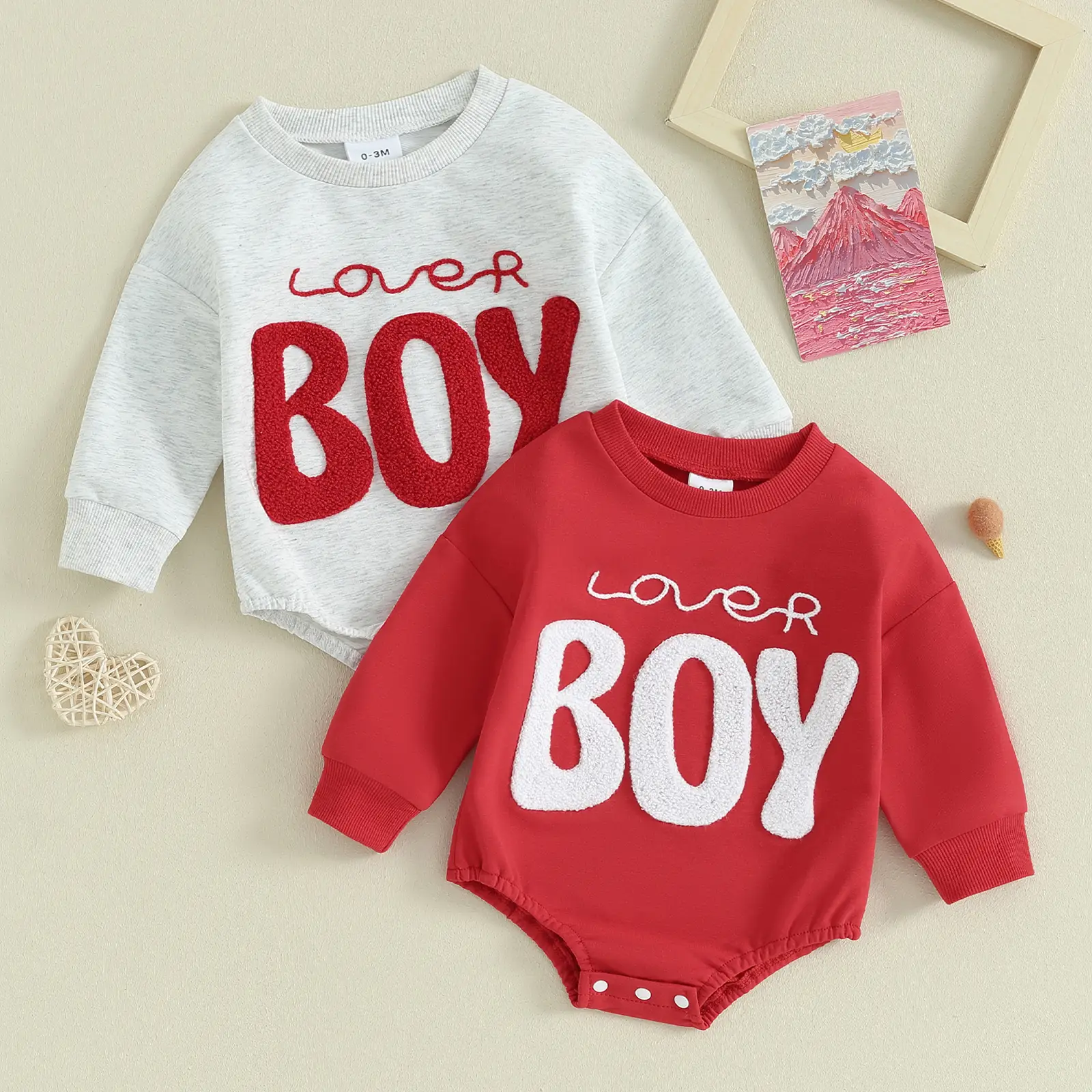 Valentines Baby Boy Outfit Lover Boy Embroidery Long Sleeve Bodysuit Infant Sweatshirt Romper Newborn Spring Bodysuit