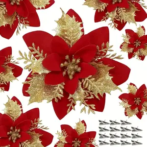 12pcs of Shiny Red Poinsettia Christmas Decorations with Clips, Sparkling Artificial Flowers for Trees, and Holiday Party Decorations, Holiday Home and Office Decorations, Home decor ornaments