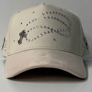 Exodo 14:14 Crema Caps Fans - Beige Baseball Cap with Rhinestone Cross and Rosary Design