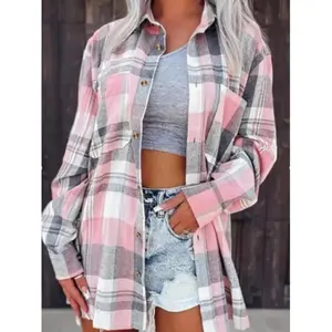 Color Block Plaid Collared Shirt Jacket, Wide Loose Casual Shirt for Everyday Wear, Versatile Layering Top for Women
