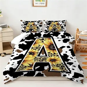 2/3pcs Beautiful Comforter Set - Bohemian Cow Print Comforter Set, Trendy Sunflower and Leopard 26 Letter Bedding Set, Ultra-Soft Decorative Quilt for Bedroom, Room Decor for Home, Dorm or Guest Room, Easy Care Washableb Pillow insert not included