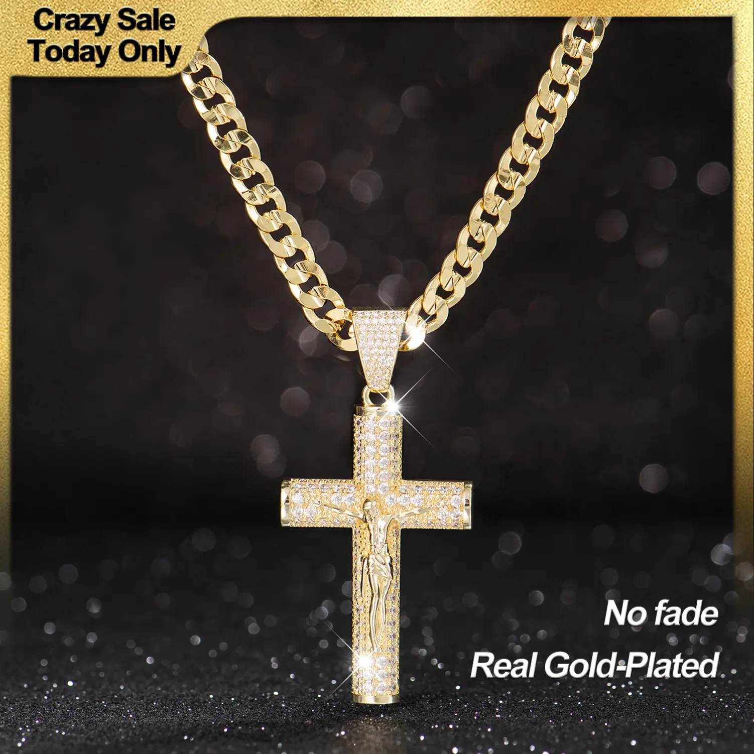 Holylegend 14K Real Gold-Plated Cross Necklace for Men,Tarnish-Free Cuban Figaro Rope Miami Chains with Jesus Crucifix Pendant, 24” Long , Christian R