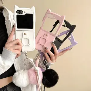 3D Cat Ear Ring Case for Samsung Galaxy Z Flip 3 4 5 6 7 5G Flip7 Flip6 Protect Lovely Flip5 Flip4 2-PIECE Set Cute Cover Gift