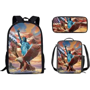 Kids Boys School Backpack Bookbags Set 3 Pieces American Ealge Statue of Liberty Backpack with Lunch Tote Bag Pencil Case Elementary Primary Schoolbag Casual Travel Daypack Rucksack