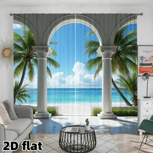 2D Flat 2Pcs Tropical Beach Curtains, Arch Columns Sea View Palm Trees, Rod Pocket Style, Semi Sunshade Polyester Fiber, Suitable for Home Living Room, Bedroom, Balcony, Kitchen, Study and Shower Window Decoration, Anti Privacy, Easy to Clean