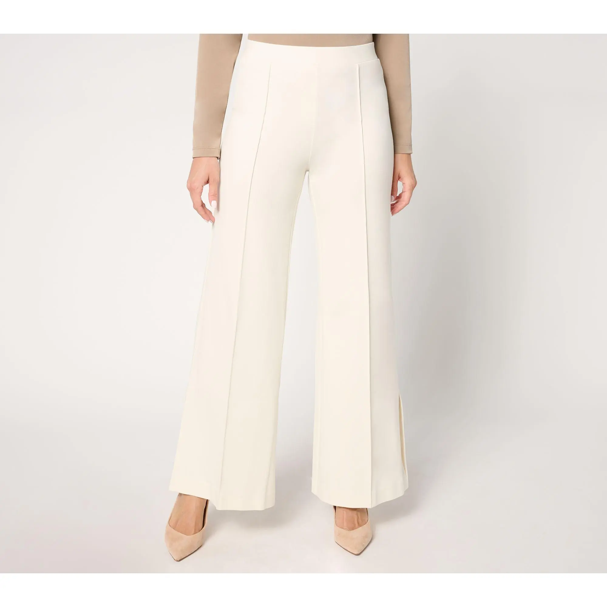 Peace Love World Petite Ponte Wide Flare Pant with Front Seam