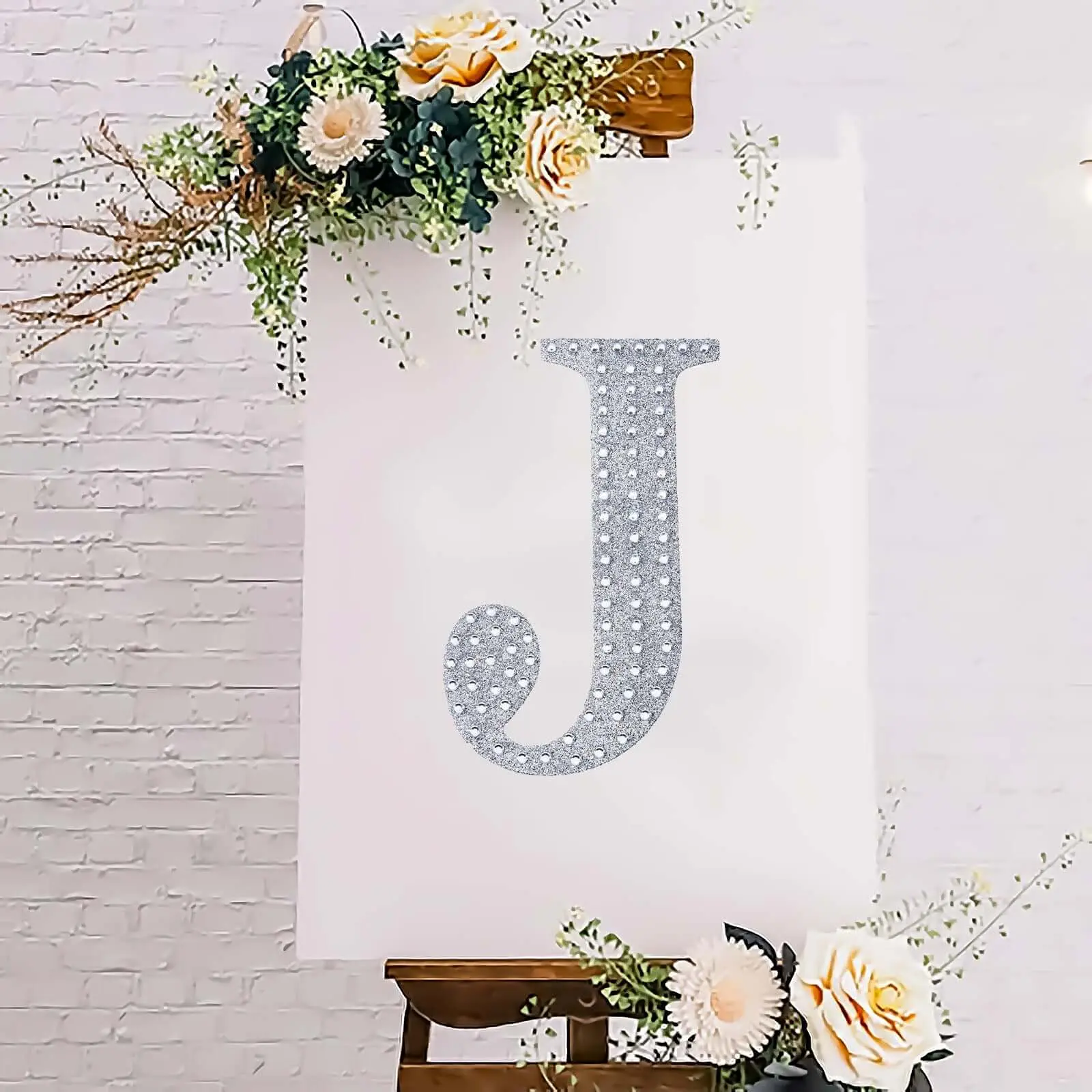 8" Silver Glitter Rhinestone Alphabet "J" Letter Stickers - Adhesive Scrapbook Decals, Aesthetic DIY Craft Embellishments for Scrapbooking & Stamping, Aesthetic Stickers