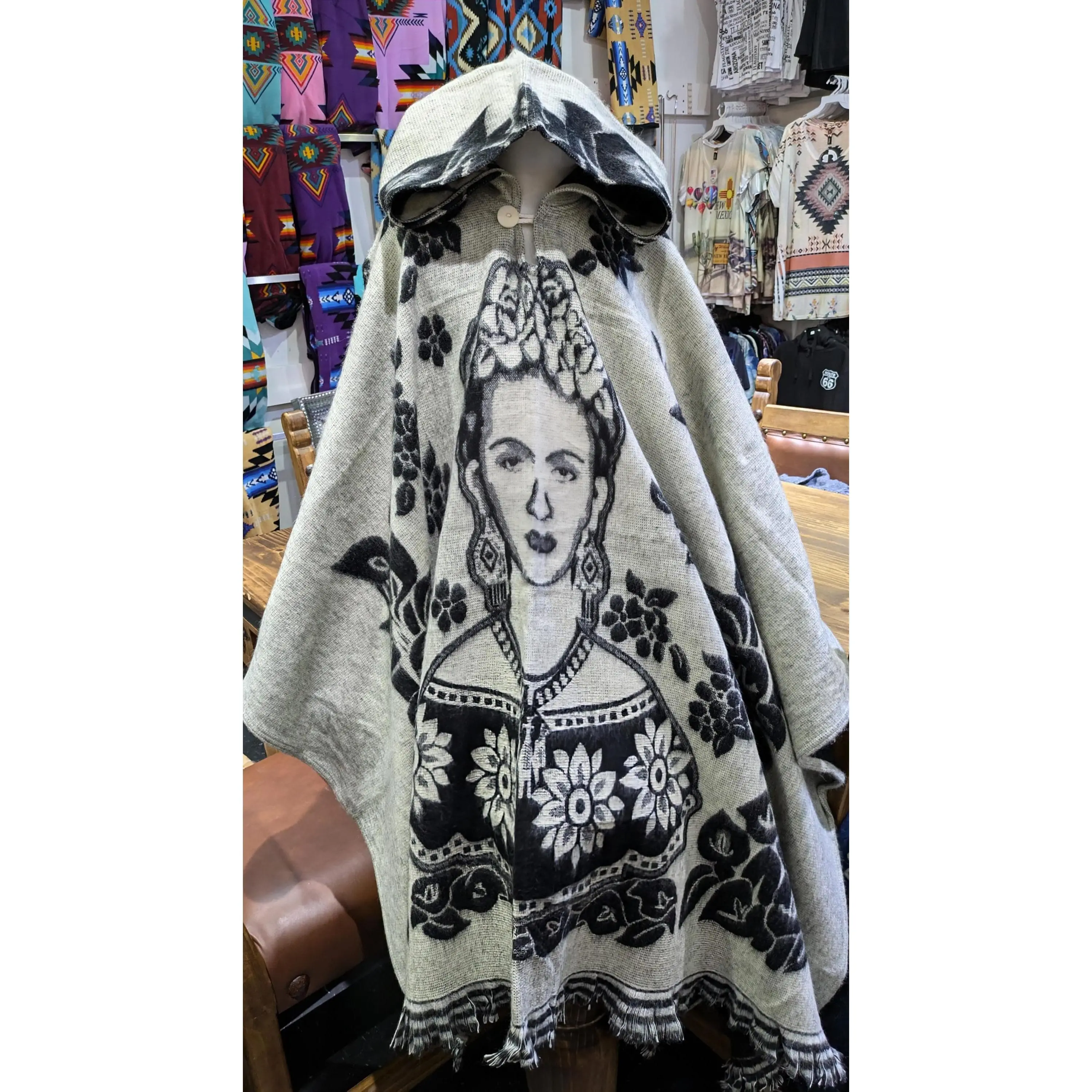 Frida Kahlo Reversible Hooded Poncho – Unisex Christmas Gift | Black and White or Teal-Denim Blue and White