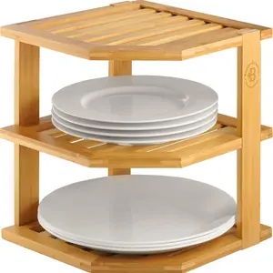 3 Tier Bamboo Corner Shelf Cabinet Organizer - Kitchen Cabinet Space Saver for Plates, Dishes, Bowls, Pantry Storage - 9.5 in Tall x 10 in Deep Countertop Corner Rack |   Kitchen Counter, Cabinet Space Saver, Plates, Dishes, Bowls, Bread Pantry