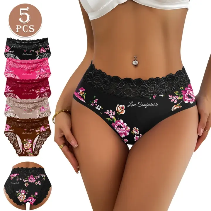 QUASTI 5-Piece Mid-Waist Elegant Lace Panties for Women, Lace Print Design, Soft and Breathable, High Elasticity, Comfortable and Skin-Friendly, Elegant Lace Underwear, Sizes S-5XL